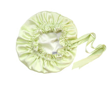 Load image into Gallery viewer, Silk bonnet with adjustable ribbon ties. Silk bonnet honeydew Silk bonnet for sleeping. Silk sleeping cap.
