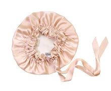 Load image into Gallery viewer, Silk bonnet with adjustable ribbon ties. Silk bonnet rose gold. Silk bonnet for sleeping. Silk sleeping cap.
