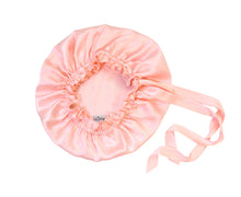 Load image into Gallery viewer, Silk bonnet with adjustable ribbon ties. Silk bonnet baby pink. Silk bonnet for sleeping. Silk sleeping cap.
